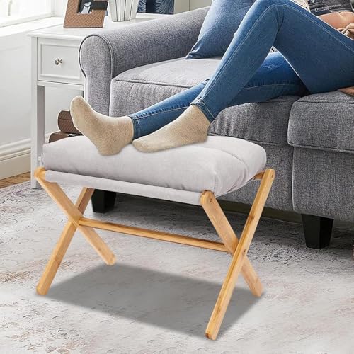 Reposapiés Plegable para sofá, Reposapies Salon, con Patas de Madera, con cojín de Tela de Terciopelo extraíble, para Salón o Dormitorio, para Cambiar Zapatos,Gris