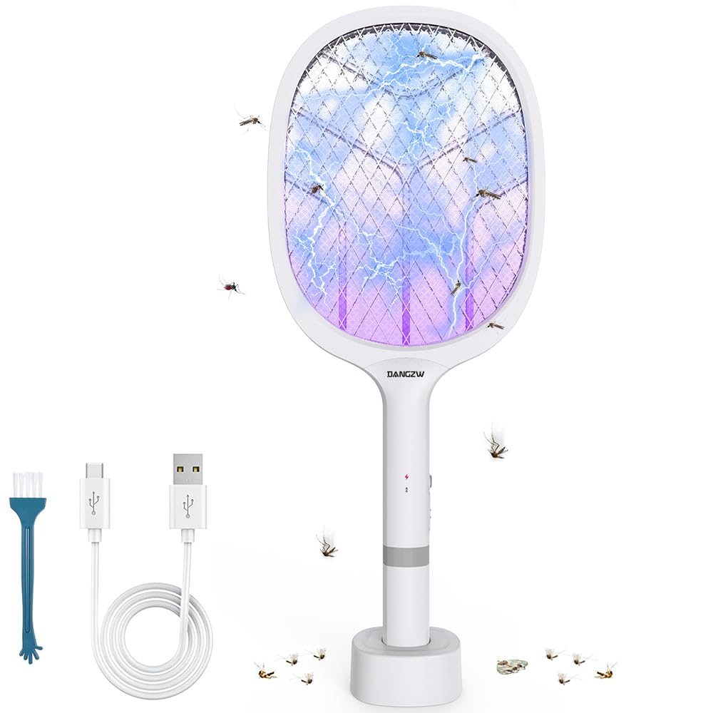 DANGZW 4800V Electric Fly Zapper, Electric Fly Swatter with UV Light Trap and Charging Base, 2 in 1 USB Rechargeable Fl y Catcher, Bug Zapper for Mosquitoes and Bees Indoor Outdoor