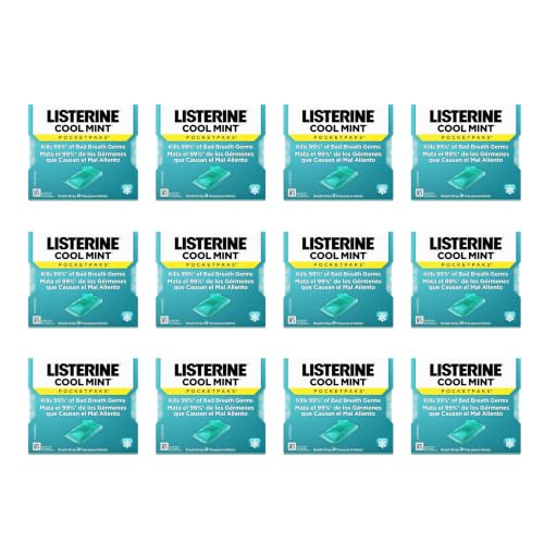 Listerine Cool Mint PocketPaks Portable Breath Strips for Bad Breath Fresh Breath Strips Dissolve Instantly to Kill 99% of Bad Breath Germs* On-The-Go Cool Mint 12 Pack