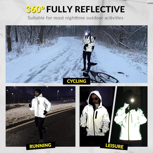 SECXEO Fahrradjacke Reflektierend Damen, Herren Wasserdicht Atmungsaktiv Radjacke mit Kapuze, Winddicht Fahrrad Regenjacke für Radfahren Laufen Wandern - Silber M