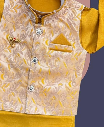 Image of Little Kids Ethnic Wear Kurta Pyjama and Waistcoat Set For Boys | Stylish Ethnic Wear | 3-piece set | Silk and Cotton Blend Fabric
