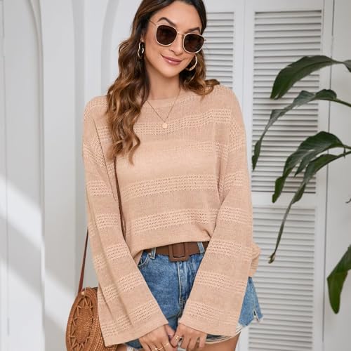 Image of Summer Tops for Women 2024 Crochet Sweater Hollow Out 1 /2 Sleeve Pullover Off Shoulder Sweater T-Shirts Beach Coverup.