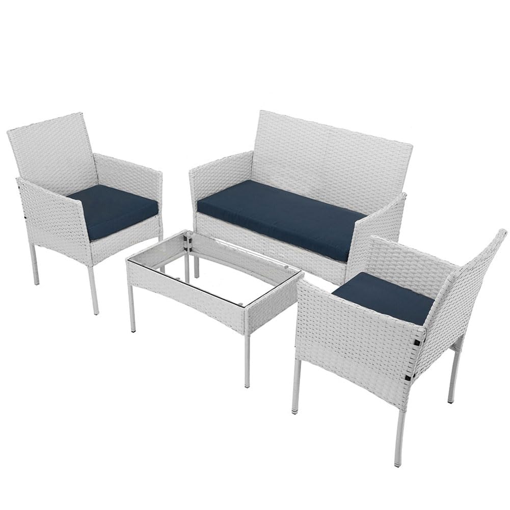 BAKAJI Juego Completo de salón de jardín con sofá, 2 sillones y Mesa con Estante de Cristal, salón de Exterior con Estructura de ratán sintético Blanco, Cojines desenfundables, terraza, balcón y Bar