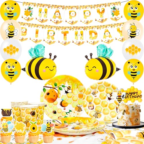Decoration Anniversaire Abeille,69pcs Décorations de Fête Abeille & Vaisselle D'anniversaire Abeille - Bannière Anniversaire Abeille Ballons Cake Topper...