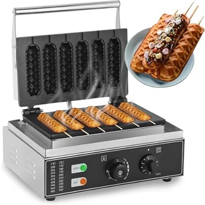 1550 W French-Hot-Dog-Waffeleisen, Kommerzieller 6-teiliger Waffeleisen, Elektrischer Antihaftbeschichteter Corn-Dog-Maker, 50–300 °C Temperaturregelung, 1–5-Minuten-Timer