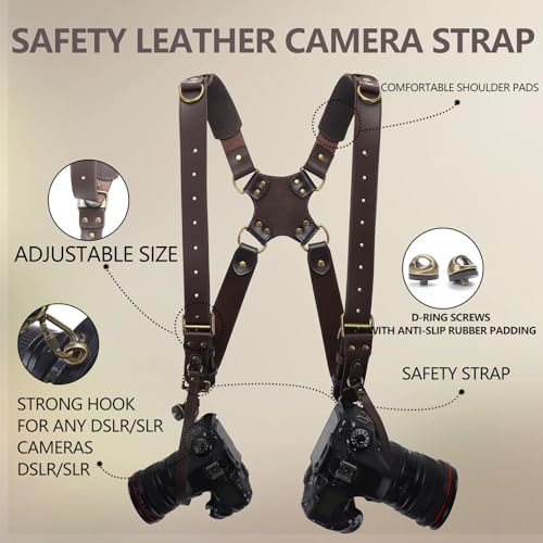 Peitoral para câmera, alça de ombro dupla de couro para fotógrafo, arnês de câmera dupla para 2 câme