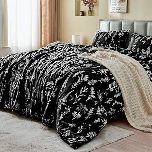 MUXHOMO Duvet Cover King Size, Reversible Floral Black Duvet Cover Set with Zipper Closure, 3 Pieces Botanical Patterns Soft Microfiber Bedding Set (90"x104", 2 Pillow Cases 20"×36")