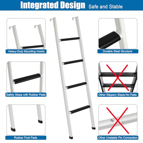 Image of Anti-Slip RV Bunk Ladder, 67in Integrated Heavy Duty Steel, White | Camper Bunk Bed Ladder with Anti-Slip Rubber Foot Pads and Hooks