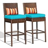 Sundale Outdoor Wicker Bar Stool Set of 2, 30 Inch Seat Height, Rustic Artistic Style, Brown, Blue Cushion, Rattan Seat, Easy to Assemble