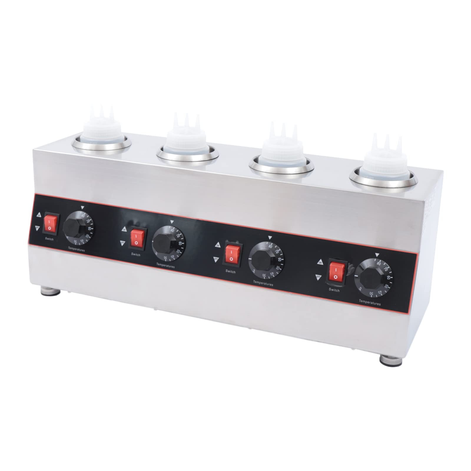 Calentador Eléctrico de Salsas Comercial 4 Botellas 650ml Acero Inoxidable Control Temperatura 30-85°C Independiente para Restaurante Cafetería Snack Bar