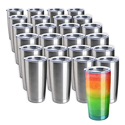 Pixiss Double Wall Tumbler Cups Bulk (25 pack) - 20 oz Stainless Steel Hot and Cold Tumblers - Reusable Cups With Lids for Stainless Steel Tumbler Cups, Tumbler Painting, Glitter, Vinyl and More