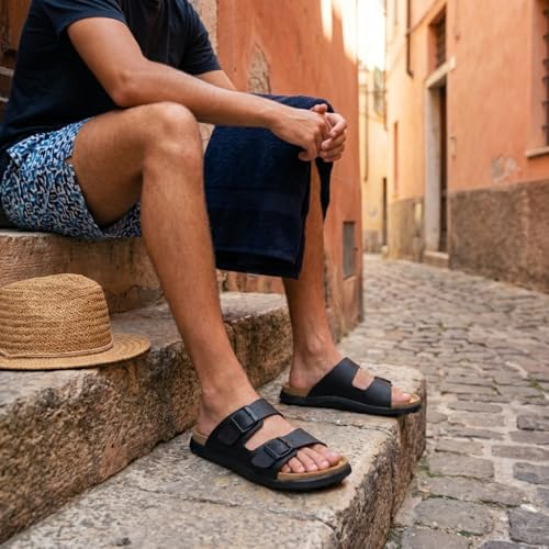Image of CUSHIONAIRE Mars Double Buckle Slide Sandals for Men with Arch Support, Cork Footbed and EVA Outsole