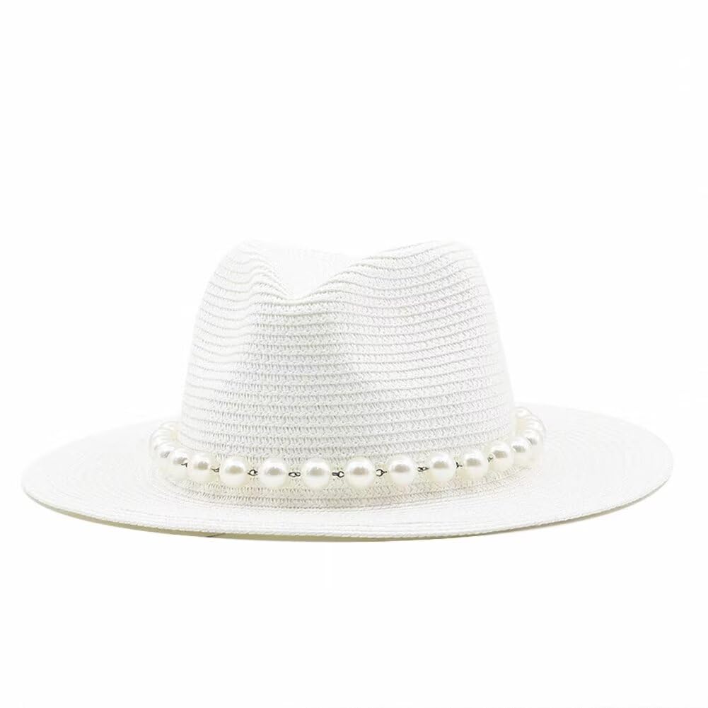Plancholo Women's White Fedora Panama Hat With Faux Pearl For Wide Brim Straw Hat Beach Cap