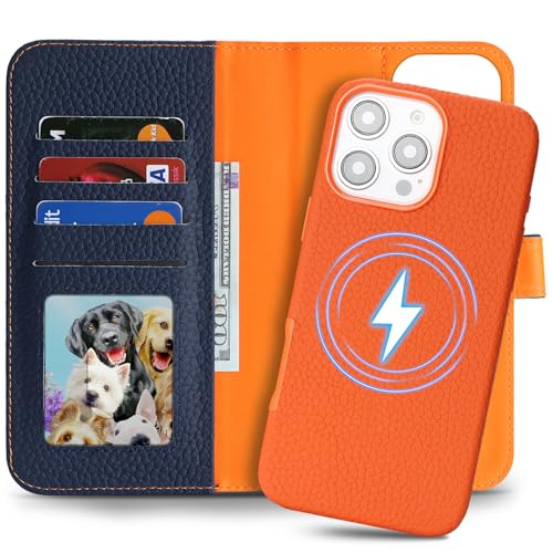 Image of Detachable Genuine Leather Case for iPhone 16 Pro Max Wallet Case Magnetic 2in1 Removable Flip Cover Book Purse Compatible with Magsafe Charging Kickstand Card Holder-Navy Blue+Orange