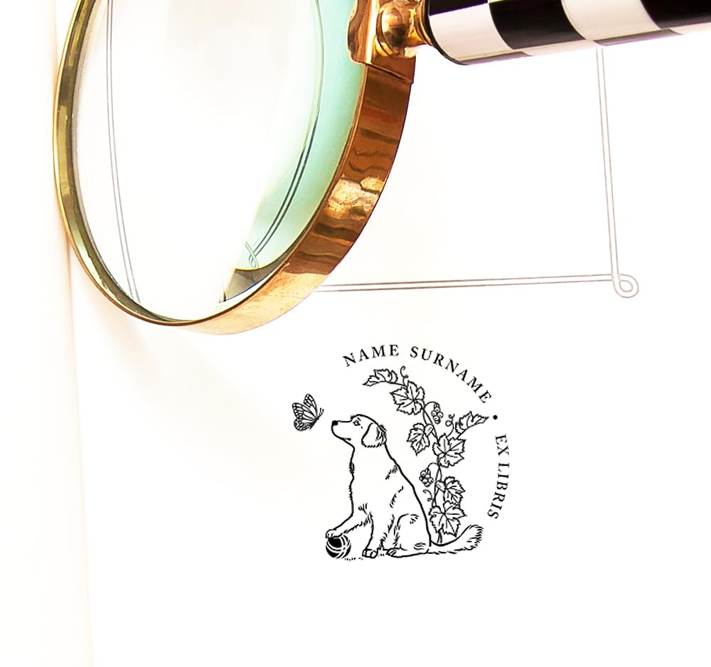 Cane Golden Retriever Ex libris Personalizzabile, Timbro Cane e Farfalla, Fatto a Mano Regali Amanti Cani Libri in Scatola Regalo Speciale