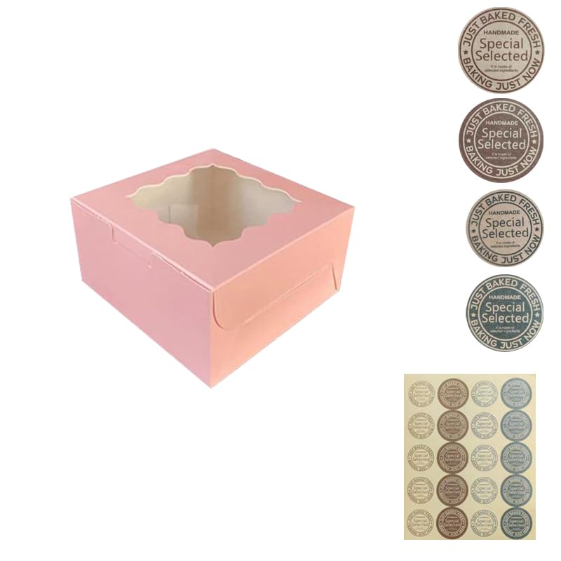 Generic 100Pcs (4x4x2.5 in) Mini Cake Boxes+5 stickers with Display Window for Gift Giving, Bakesale, Cupcakes, Dessert, Cookies, Pie, Macaroons, Donuts, Pastry, Kraft Paper Material (100Pcs Pink)