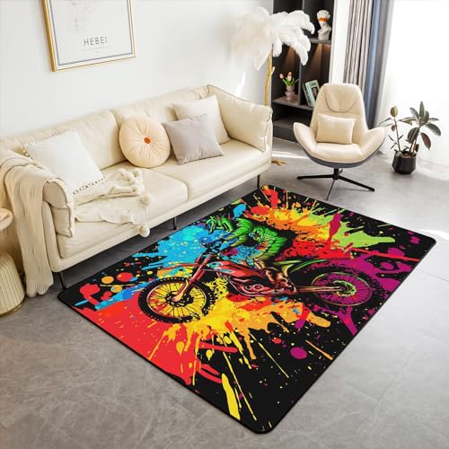 Tapis Salon de Motocross pour Garçons Enfants - Intérieur, Chambre Sport Extrême, Chevet Véhicules Motorisés Motard, Décoratif Jeu de Voitures - 100x150