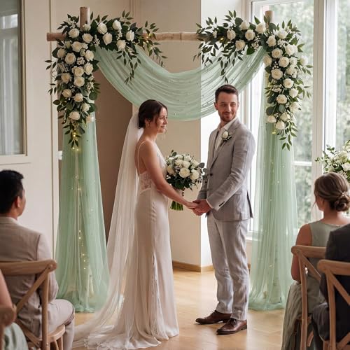 Image of Wedding Arch Draping Fabric with Pearl 28.7 inchx 20ft Ivory White Green Sheer Gauze Fabric Backdrop Drapery for Wedding Arbor Ceremony Bridal Shower Birthday Party Reception Decor (Sage Green)