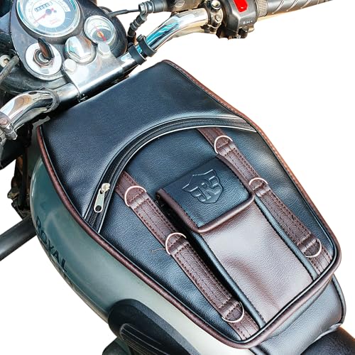 Image of Leatherette Scratch Protection Bike Tank Cover | Motorcycle Tank Bag | Leather Black and Brown | with Zipper Compartment and Adjustable Straps - Pack of One