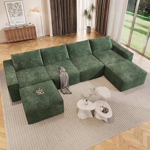 Image of Vesgantti 145.6 inch Modular Boneless Couch, Modern U Shaped 6 Seater Sectional Sofa with 2 Ottoman & Deep Seat, Convertible Chenille Cloud Couches for Living Room, No Assembly Required, Green