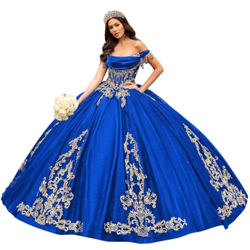 Gold Appliques Quinceanera Dresses with Tassel Puffy Off Shoulder Ball Gown Tulle 15 Dress Beaded Sweet 16 Dresses