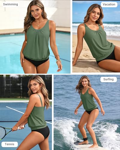 Image of Yonique Women Vintage Chevron 2 Piece Ruched Padded Tankini Set Flyaway Top With Triangle Brief Bottom Bathing Suit