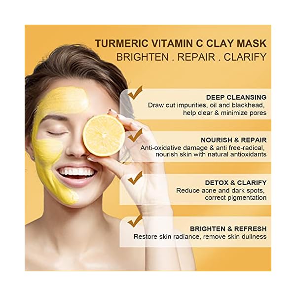 ANAIRUI-Turmeric-Vitamin-C-Clay-Mask-for-Acne-and-Dark-Spots-Vitamin-C-E-Clay-Facial-Mask-for-Blackheads-Pores-Wrinkles-Fine-Lines-Hydrating-Clarifying-Cleansing-Skincare-Mask-423-OZ ANAI RUI Turmeric Vitamin C Clay Mask, Vitamin C Clay Facial Mask for Blackheads, Pores, Wrinkles, Fine Lines, Hydrating, Clarifying, Cleansing, 4.23 OZ