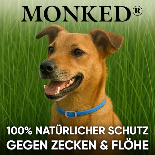 Monked | Natürliches Halsband für Hunde ohne Chemie | Bis zu 8 Monate Schutz | Anti-Zecken & Flohschutz | Verstellbar für alle Größen | Langzeit Zeckenschutz (Rot, Universal)