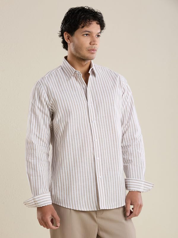 Image of Mark & Albert Mens Striped Linen Casual Shirt | Full Sleeves Mens Shirts | Stylish Shirt for Men
