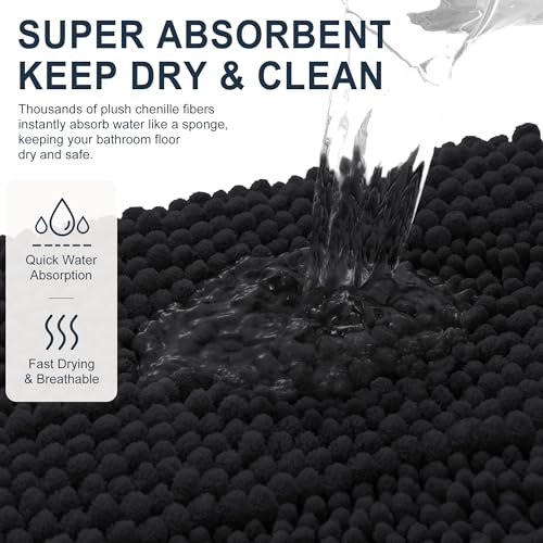 Image of Smiry Thick Chenille Large Bathroom Rugs 47x32, Extra Soft Absorbent Striped Bath Mat, Machine Washable, Rubber Backing, Bath Rugs for Bathroom, Tub & Shower, Home Decor Accessories, Black