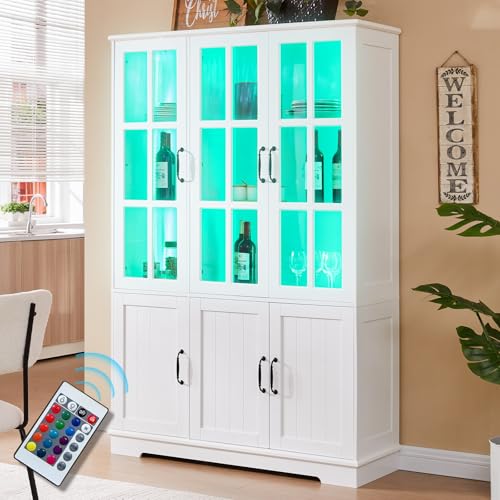 LUXOAK Armoire vitrine avec éclairage LED et poignées rétro, armoire haute blanche de 180 cm de haut, 6 portes avec fenêtres en acrylique et 8 étagères, armoire...