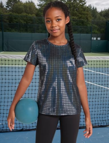 Girls Metallic Outfit Crop Top Short Sleeve Shirt Concert Sequin Tee Hip Hop Disco Loose Blouse 3-4Years3