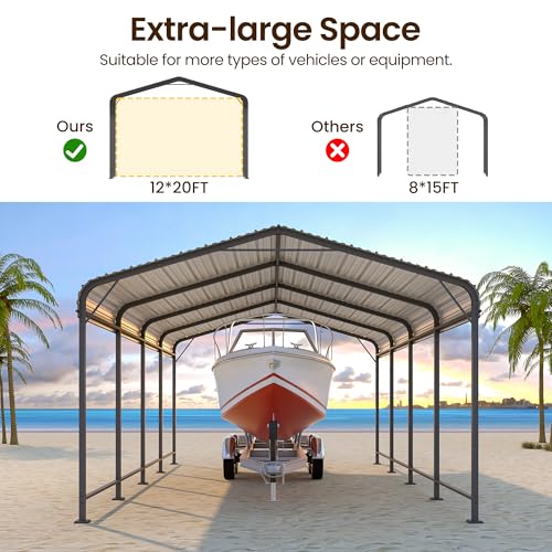 12x20FT Metal Carport, Heavy Duty Carport Canopy with Reinforced Frame and Base for All-Weather, Outdoor Garage Car Port for Pickup Trucks, Boats, Tractors or Party