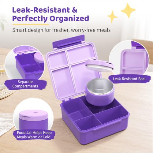 Image of Pawtong Bento Lunch Box with 8oz Soup Thermo, Kids Leakproof Lunch Food Containers with 4 Compartment, Kids Thermo Insulated Hot Food Jar for School, Trvael (Purple)