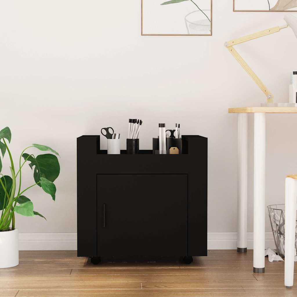 Bürowagen Schwarz 60x45x60 cm Holzwerkstoff mit 4 Rollen und Stabiler Oberplatte für Ordnung im Büro, Schreibtischwagen mit praktischer Tür zur Aufbewahrung, Büroorganisation
