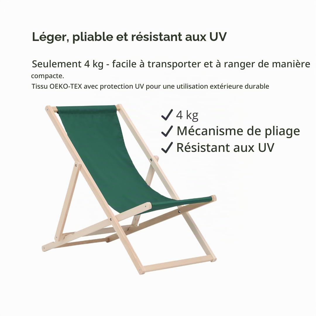 BAS Chaise Longue Pliante en Bois - Lot de 2 Transates de Plage Chaise Vert - Chilienne Pliante - Chaise Longue Jardin Relax Pliable pour Balcon, Plage, terrasse et Camping