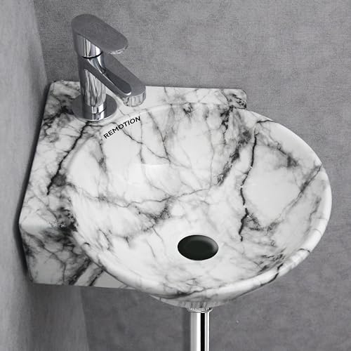 Image of REMOTION Wall Mounted Wash Basin for Bathroom | Wall Hung Corner Sink | Ceramic Round Wall Hung Wash Basin | Wall Hung Small Corner Basin (16.3 x 13.8 x 4.3 Inch) (White Black Stripe)