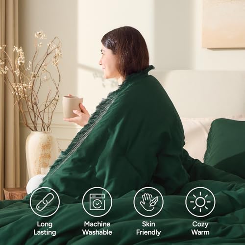 Image of Andency Comforter Set Oversized King Dark Green 120x120, 3 Pieces Boho Fall Tassel Lightweight Bedding Comforter Sets, All Season Soft Bed Set (1 Comforter & 2 Pillowcases)