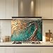 Tempered Glass Backsplash for Kitchen, Turquoise & Copper Look Tree of Life Design Glass Backsplash, Glass Backsplash for Kitchen Wall, Rustic Kitchen Backsplash, Easy to Install Stove Backsplash