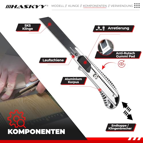 HASKYY Cuttermesser Teppichmesser Cutter Set 2 Stück inkl. 5 SK5-Hochkarbonstahl Klingen 18mm, Lock-Funktion, Ergonomischer Anti-Rutsch-Griff, Klingenbrecher & Schnellwechselsystem