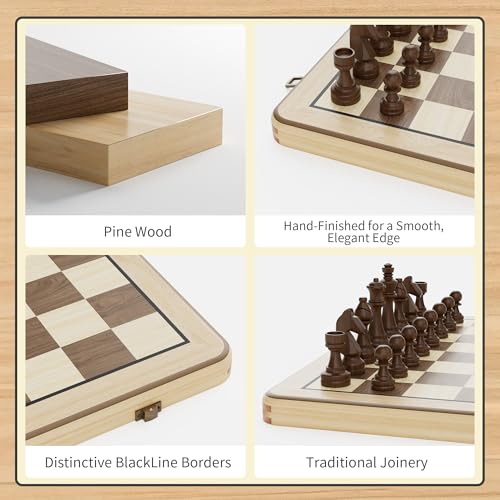 Image of 15 Inch Magnetic Wooden Chess Set, Pine Wood Folding Chessboard with Brown Dual-Sided Storage Trays, 2 Extra Queens & Dust-Proof Bag, Portable Travel Board Game(Natural)