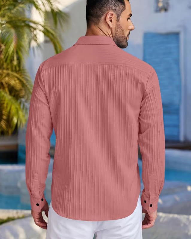 Image of DEELMO Combo of Men's Casual Button Down Shirts Long Sleeve Linen Shirt Fashion Textured Summer Shirts Pack of 2