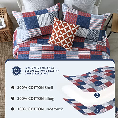 Image of Finlonte Quilts Queen Size - 100% Cotton Queen Comforter Set Blue Red White Plaid Farmhouse Quilt Bedding Set, Reversible Lightweight Soft Bedspread, Quilted Coverlet All-Season, 3-Piece