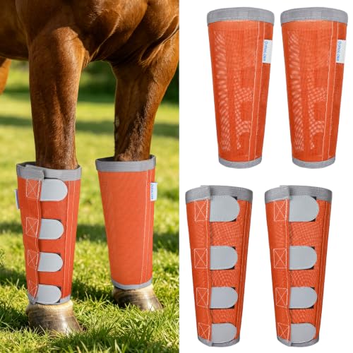 Image of Reflective Horse Fly Boots Set of 4, Loose Fitting Leggings for Horses, Equine Fly Leg Wraps Socks for 4 Legs, Breathable Adjustable and Universal Fit, Reliable Stay Put and on (Orange)