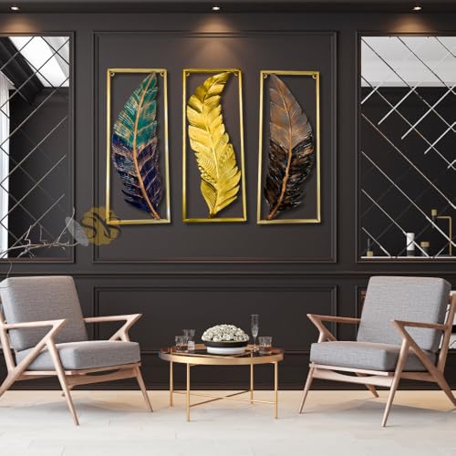 Image of SNS DECOR Metal Frame Leaf Set of 3 Wall Art Decorations | Modern Luxury Metal Wall Art Decor, | Perfect 3D Wall Sculpture For Living Room, Restaurant, Hotel & Office (Multi)