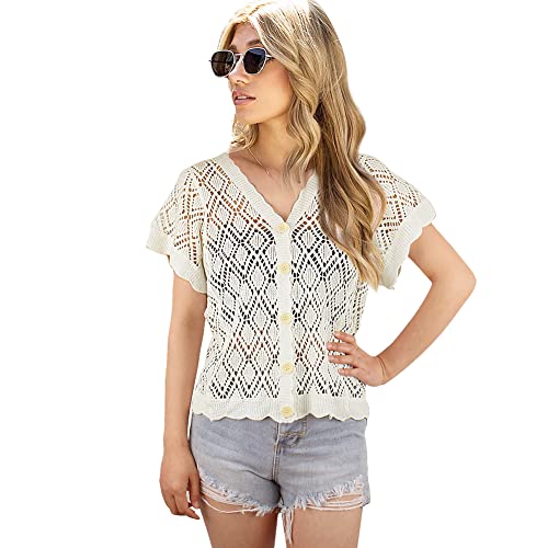 Image of Women's Open Front Knit Cropped Bolero Shrug Cardigan Sweater Short Sleeve V Neck Hollow Out Top