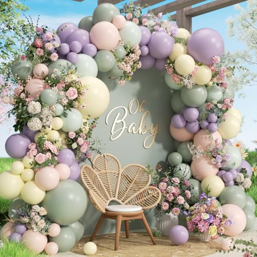 141pcs Pastel Balloon Arch Kit with Dusty Purple Green Pastel Yellow Pink Balloons for Floral Wildflower Flower Baby in Bloom Tea Baby Shower Wedding Birthday Party Decorations