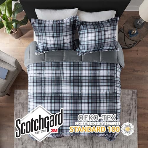 Madison Park Essentials Parkston Plaid Comforter, Matching Sham, 3M Scotchguard Stain Release Cover, Hypoallergenic All Season Bedding-Set, Full/Queen, Grey, 3 Piece - Thumbnail 4