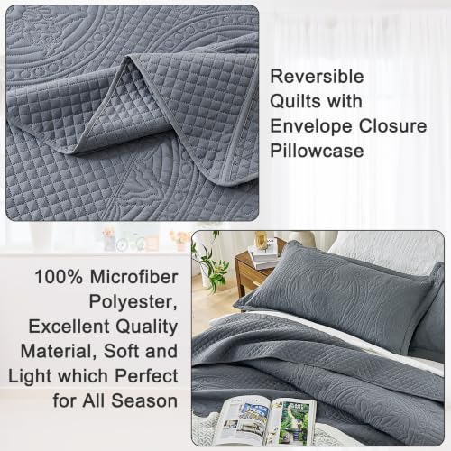 Image of Qucover King Bedspread Medallion Pattern Quilt Bedding Set 3 Pcs Dark Grey