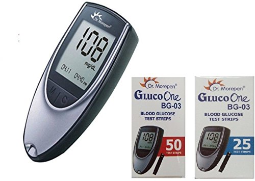 Dr. Morepen Bg-03 Glucometer With Test Strips, Black, Silver (25 & 50 Strips)